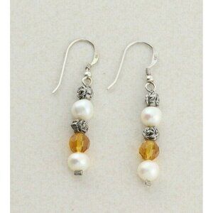 Sterling Silver White and Yellow Pearl and Flower Earrings Dangle Drop Earrings